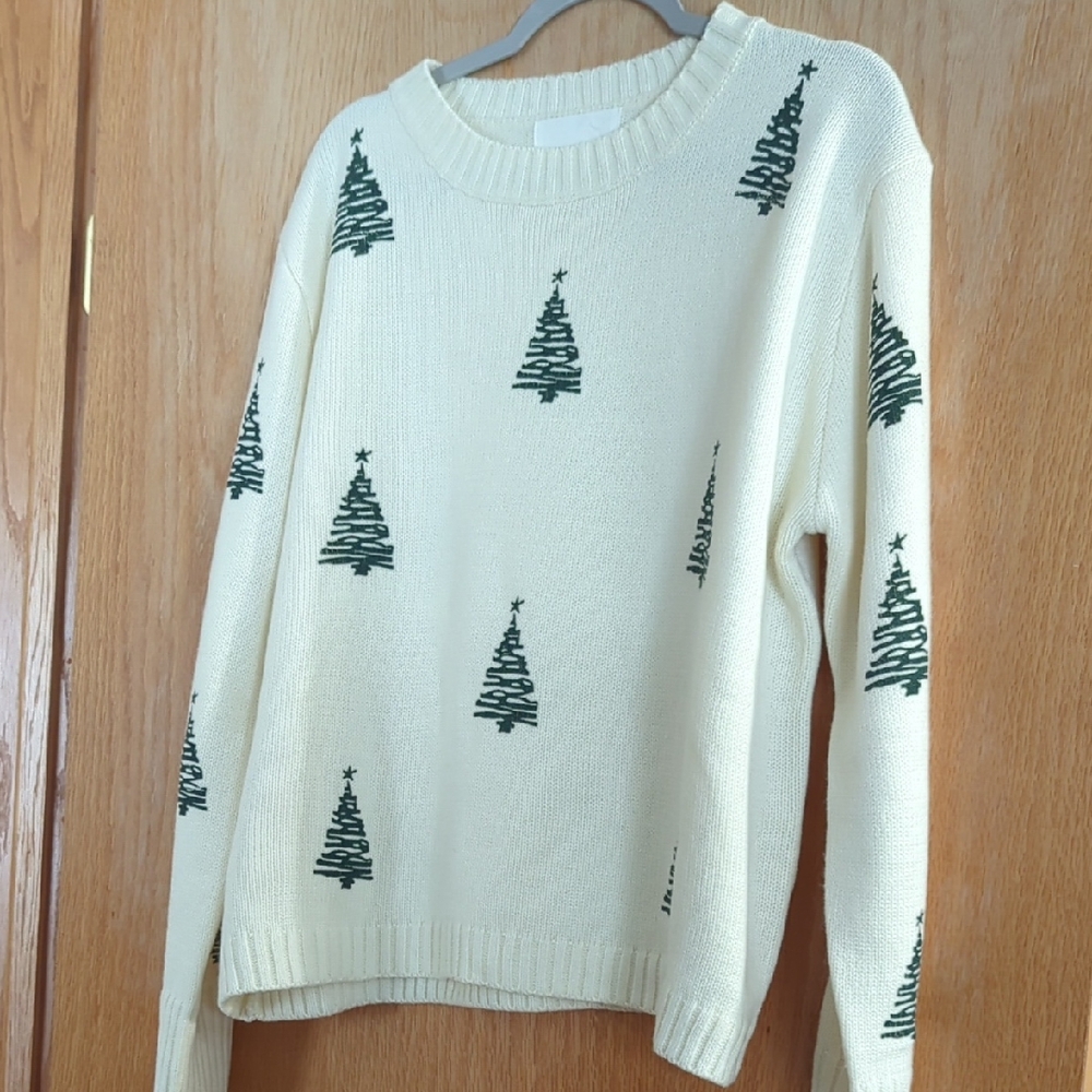 Elegant Cream Sweater with Green Tree Design